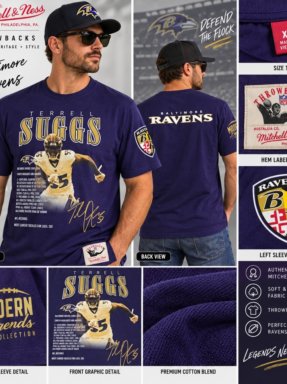 Mitchell & Ness XL Baltimore Ravens Terrell Suggs Graphic Tee - Purple & Gold